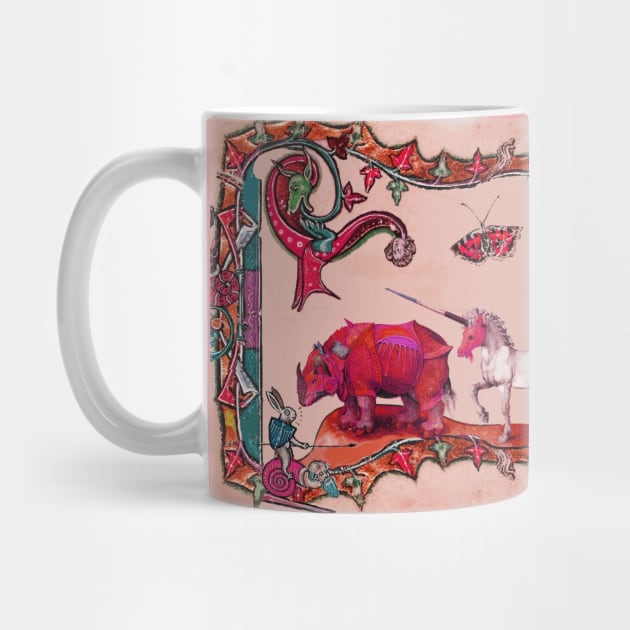 WEIRD MEDIEVAL BESTIARY IN PINK, DRAGON,UNICORN ,RHINO AND KILLER RABBIT by BulganLumini